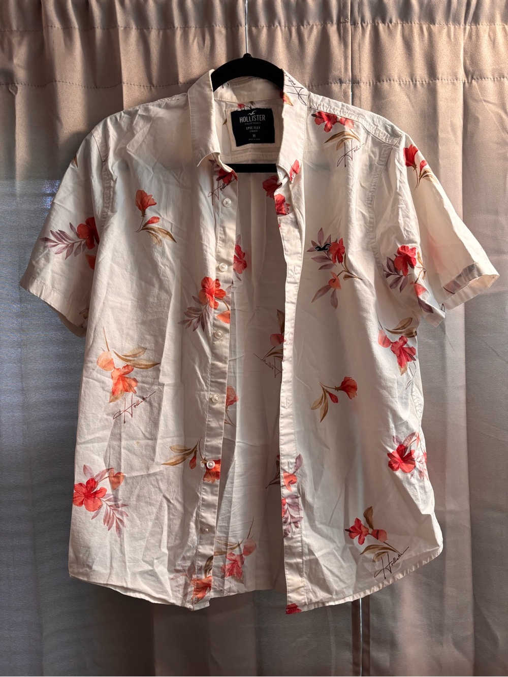 Hollister White Short-Sleeve Button-Down with Red Floral Print